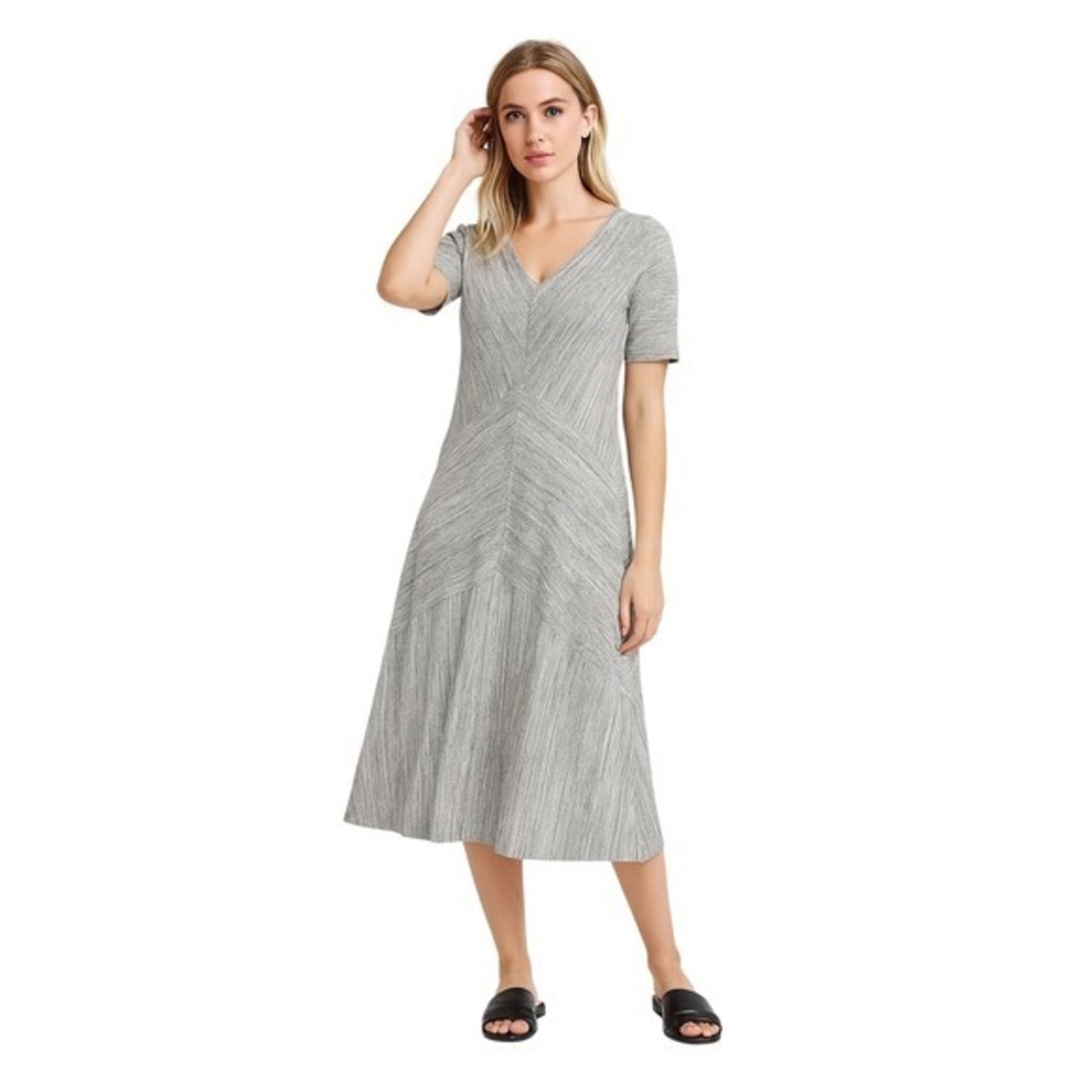 RONEN CHEN Gray Striped V Neck‎ Midi Dress Women Sz 8 Made in Israel Stretch
